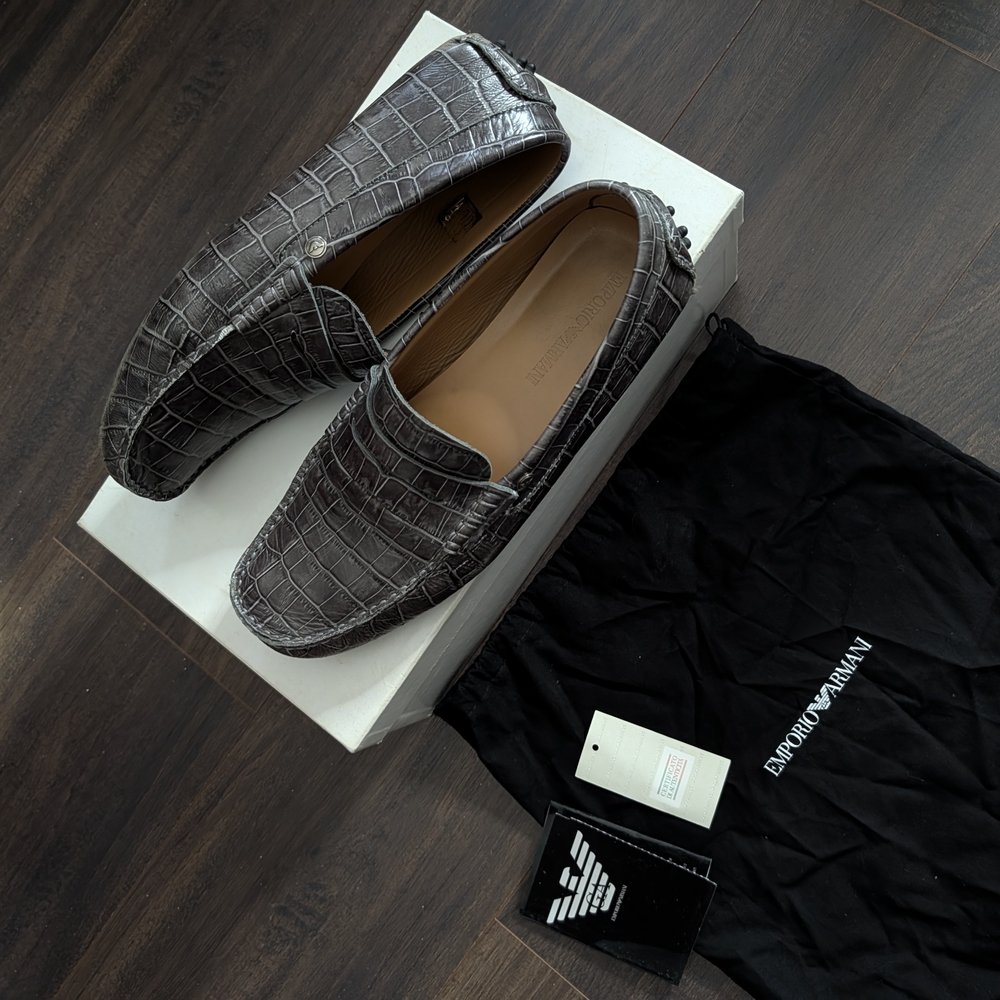 Emporio Armani Men's Gray Spanish Alligator Leather Embossed Driving Loafers Sz9